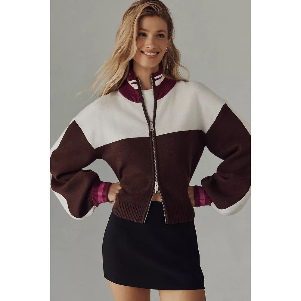 Anthropologie Maeve Zip-Front Cardigan Sweater Women's Small Plum Ivory Soft